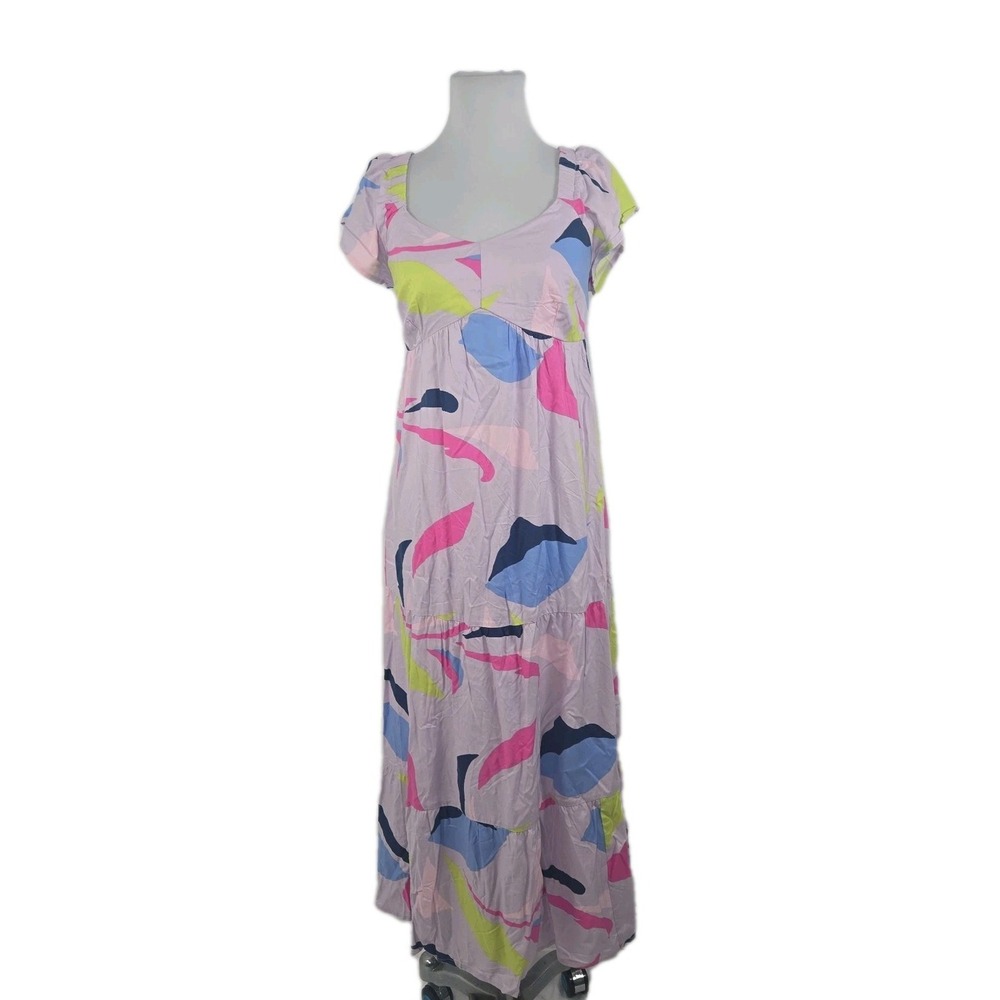 Ingrid & Isabel Maternity Pink Print Tiered Flutter Sleeve Smocked Dress Medium